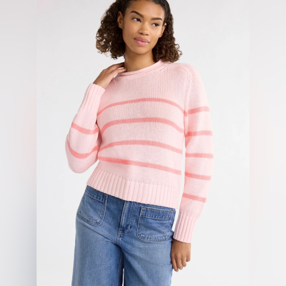 Free Assembly Women’s Cotton Saddle Shoulder Sweater in Size XS Pink Stripe NWT